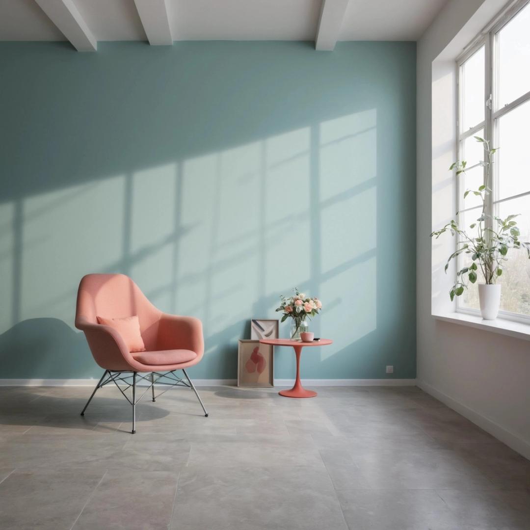 Pink armchair in a room with a pale blue wall