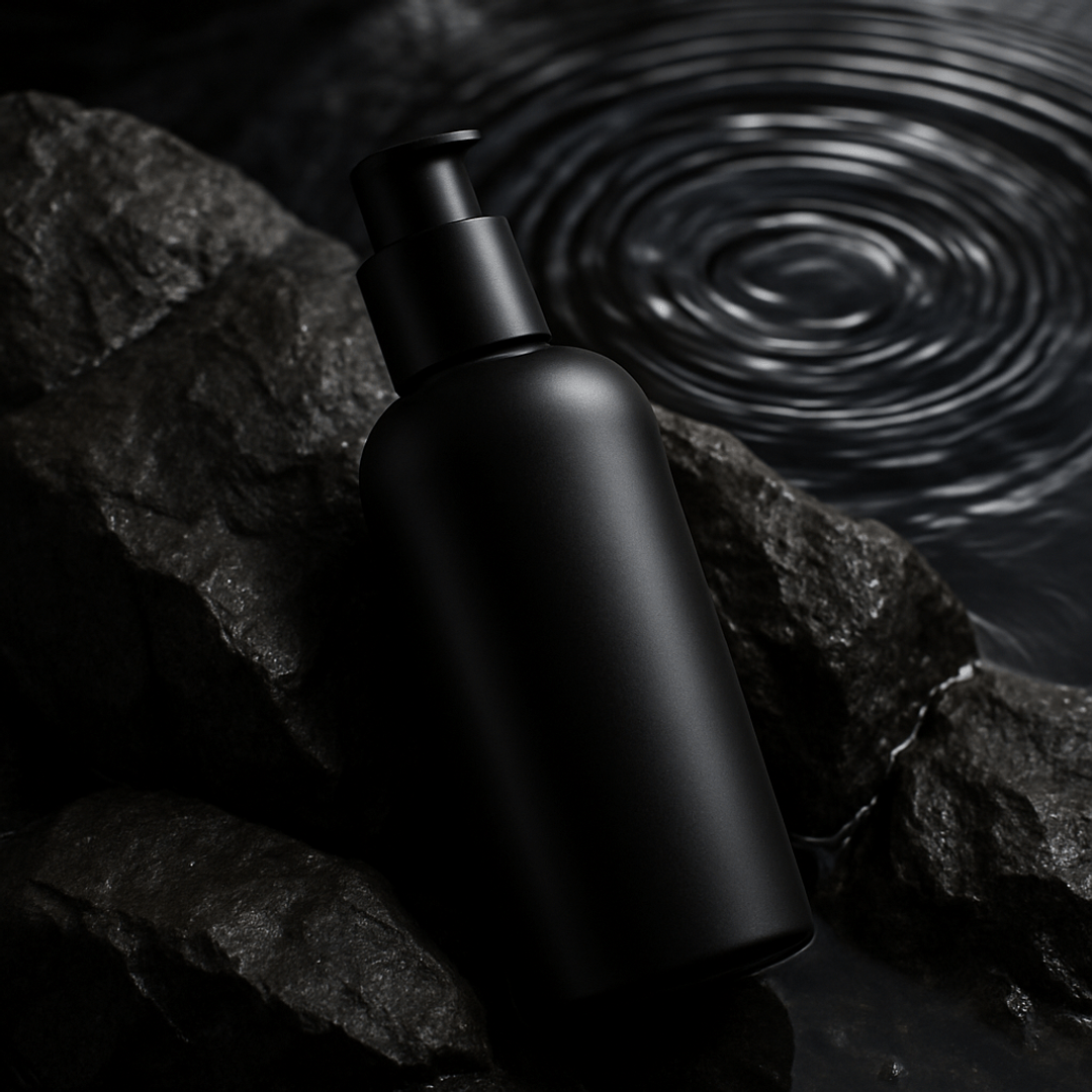 Matte black pump bottle on wet rock