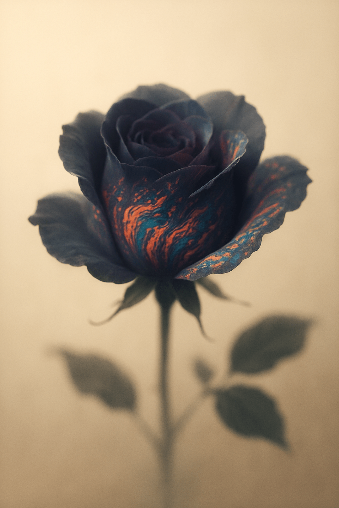 Dark rose with orange and blue veins on a pale background