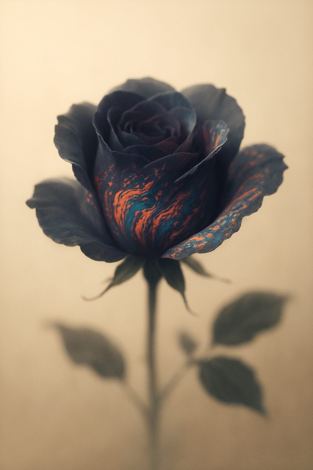 Dark rose with orange and blue veins on a pale background