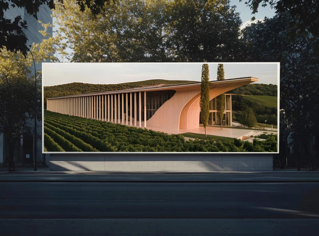 Billboard showing a winery building among vineyards