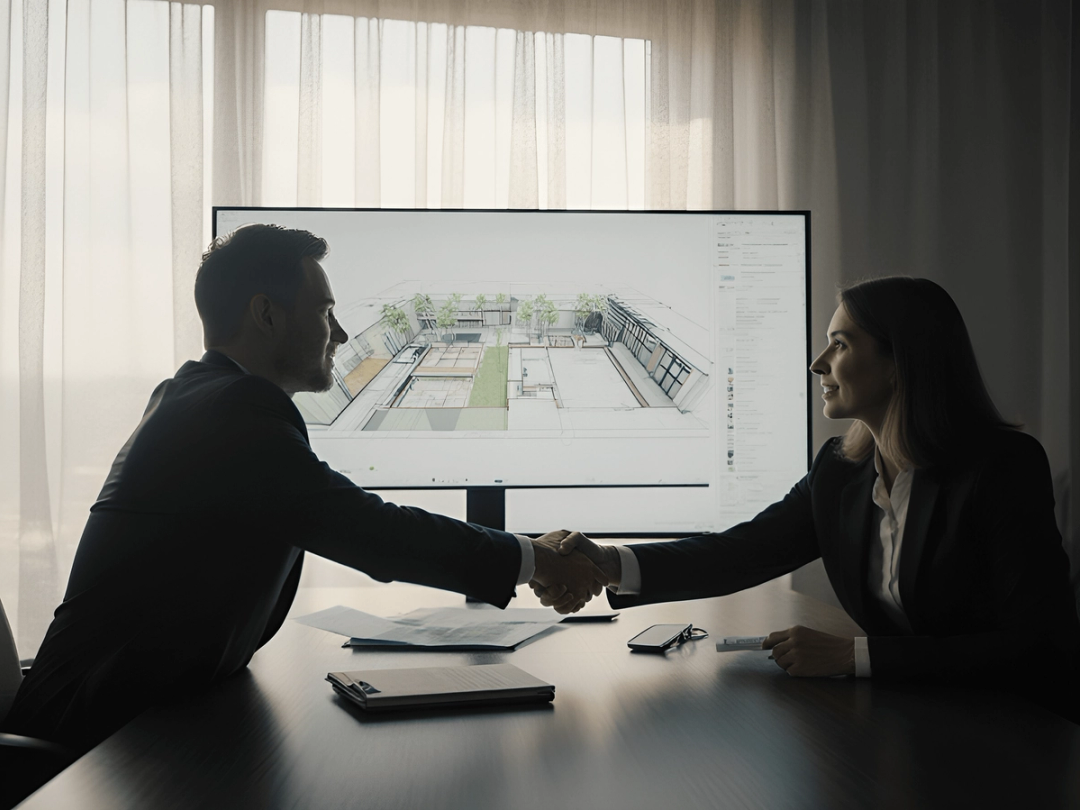Two people shaking hands in front of a screen showing a building model