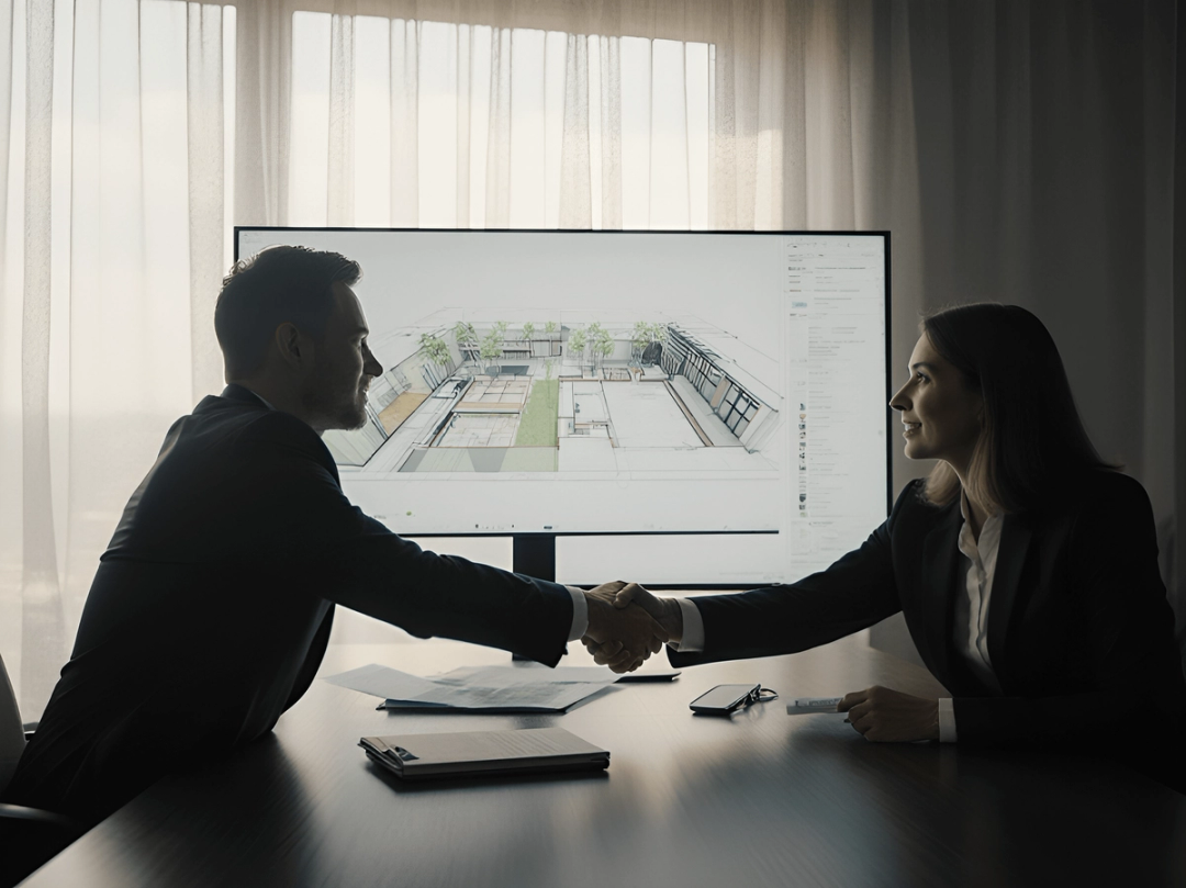 Two people shaking hands in front of a screen showing a building model