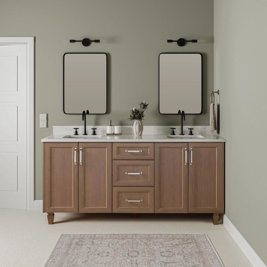 Oak double vanity against sage green walls