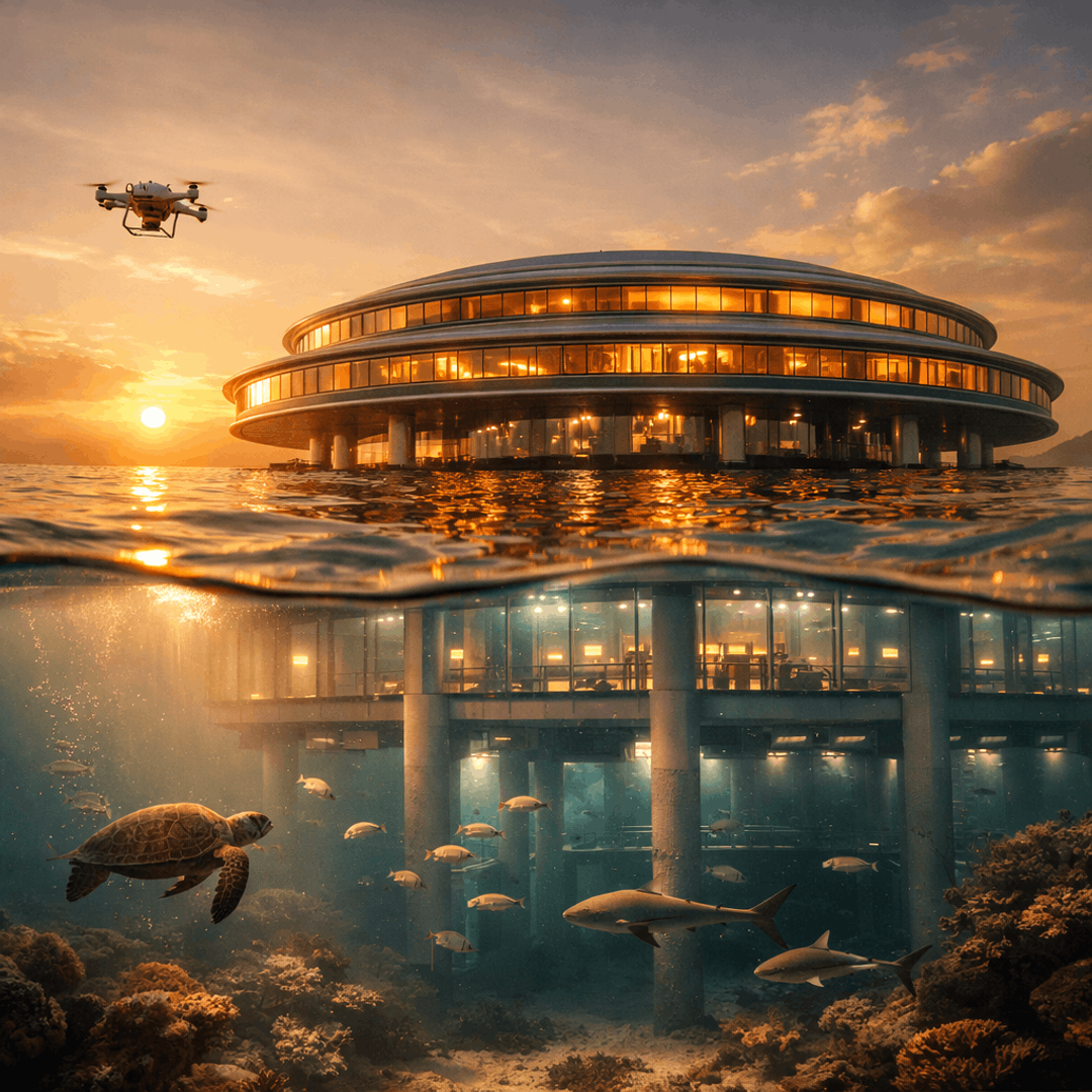 Round building half above and half below the sea at sunset