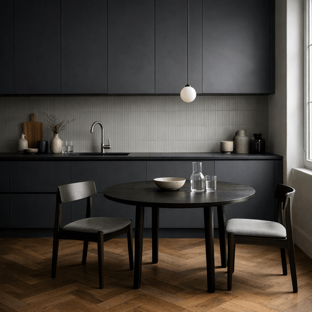 Dark kitchen with a round table and two chairs