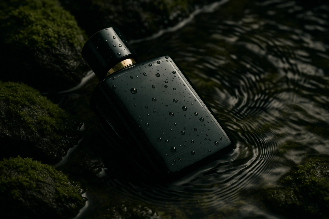 Dark green bottle with water droplets among moss