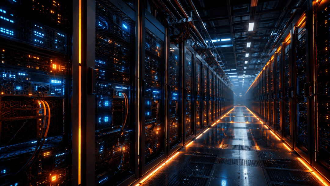 Data center corridor lined with servers and orange light