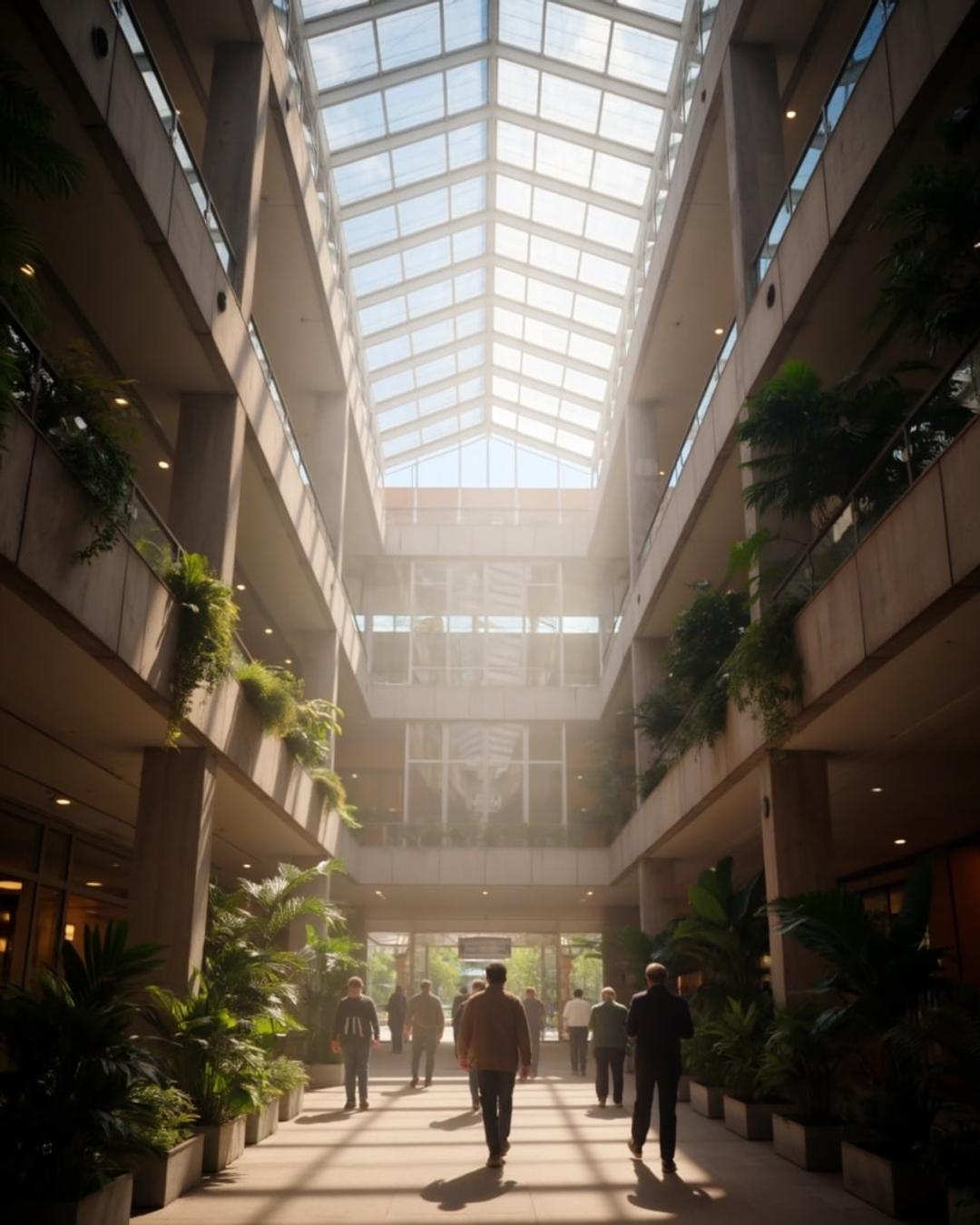 Sunlit atrium with planted galleries under a glass roof
