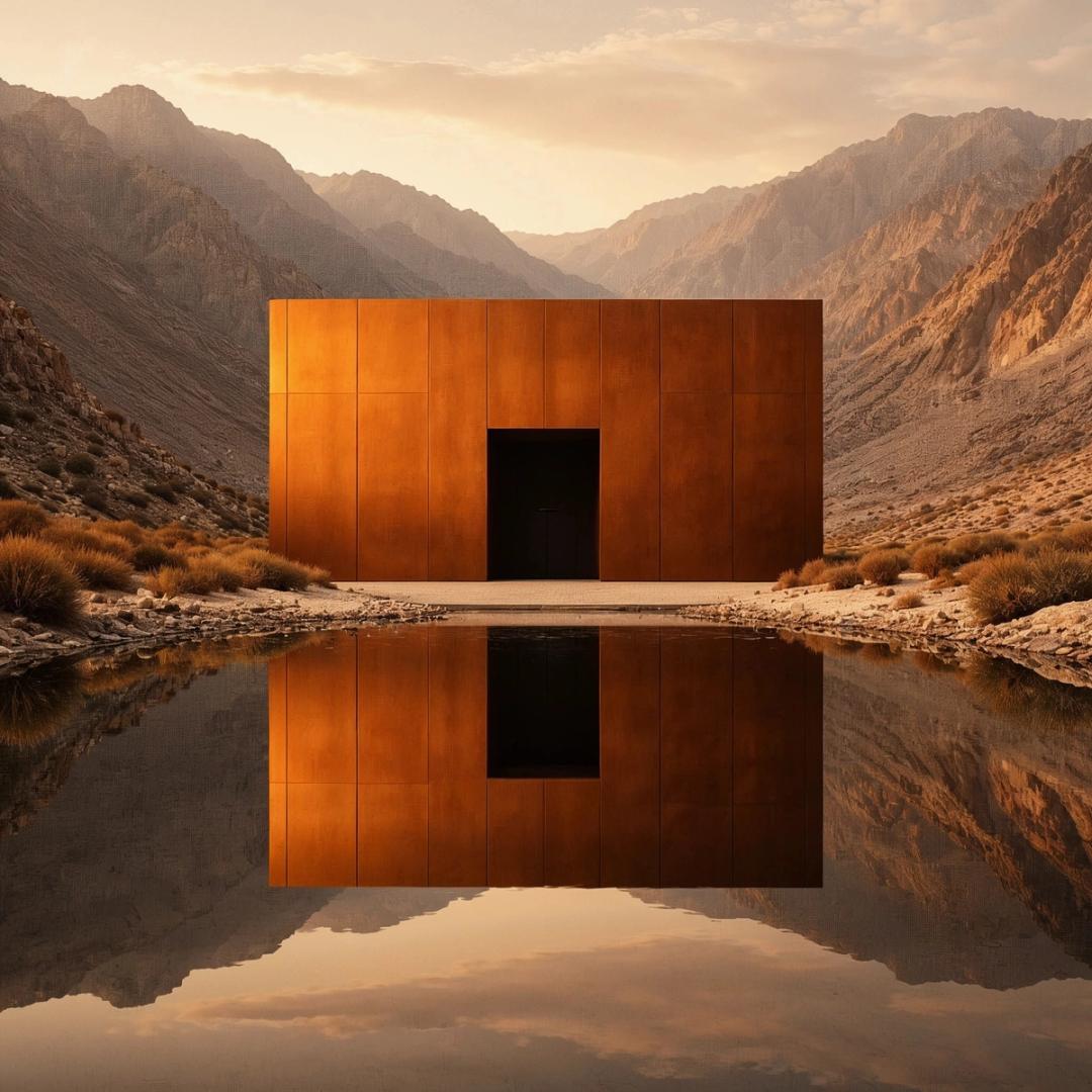 Rust colored cube building reflected in a mountain lake