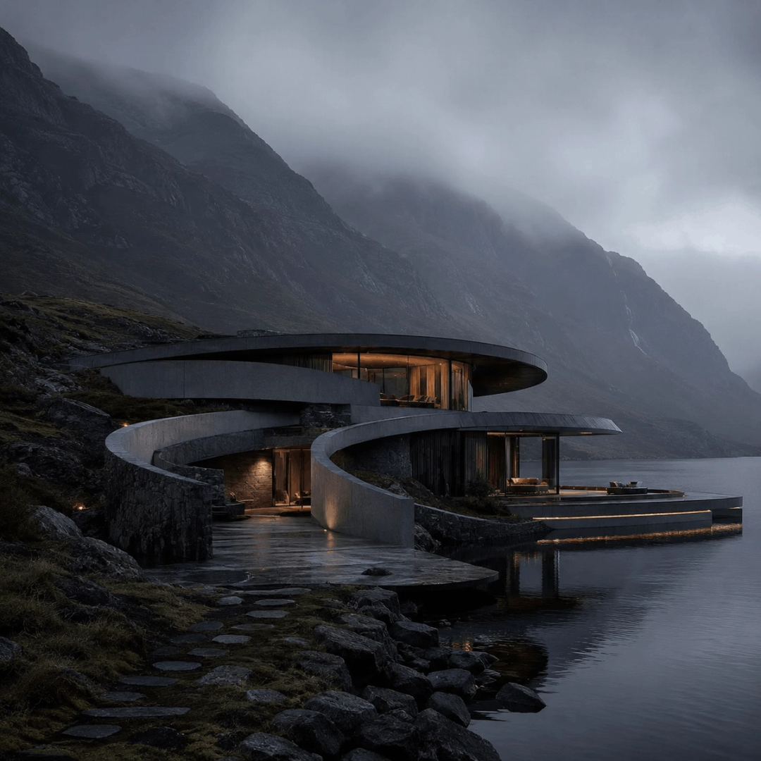 Curved concrete house on the shore of a misty fjord