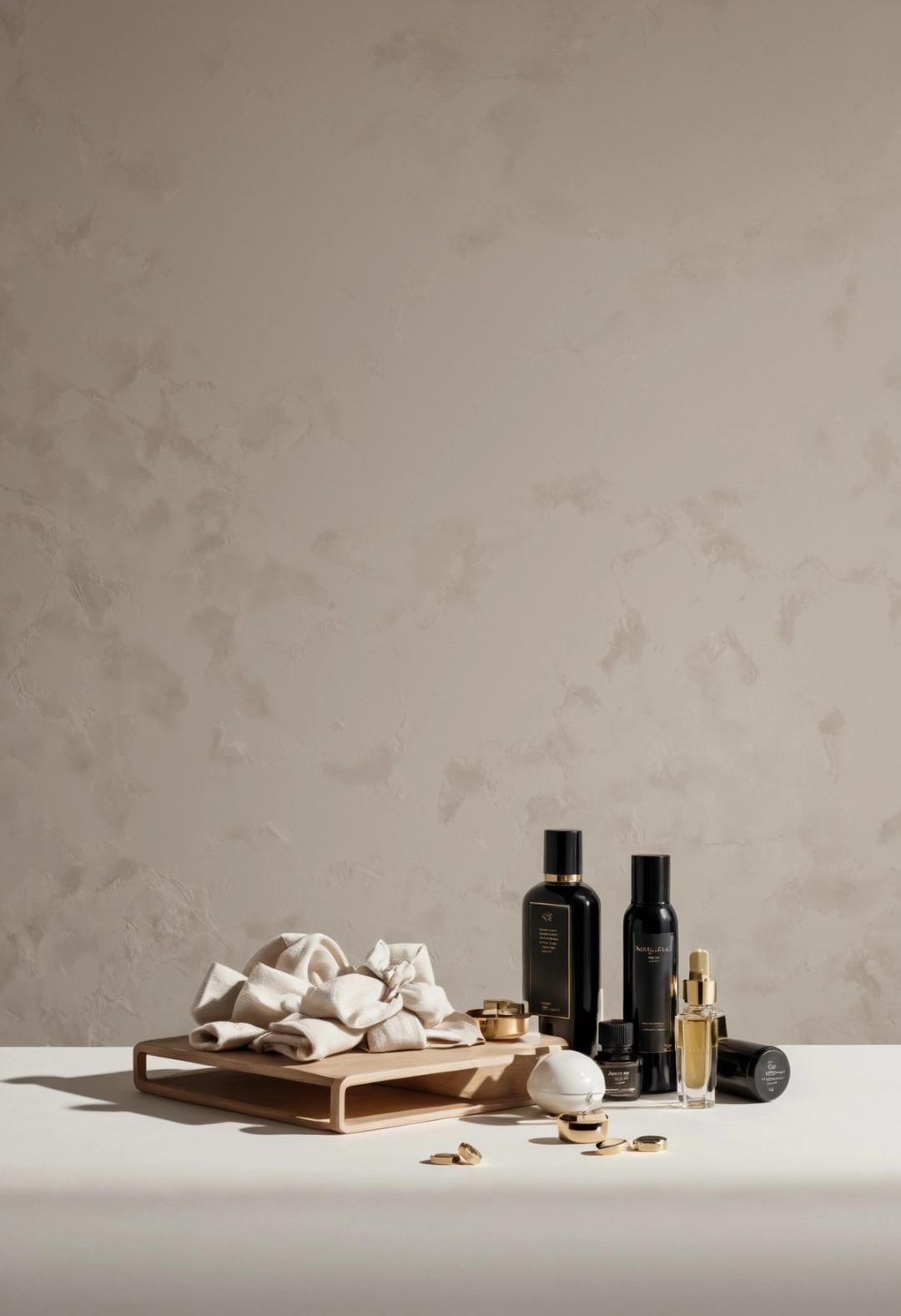 Cosmetics and pebbles arranged on a cream surface