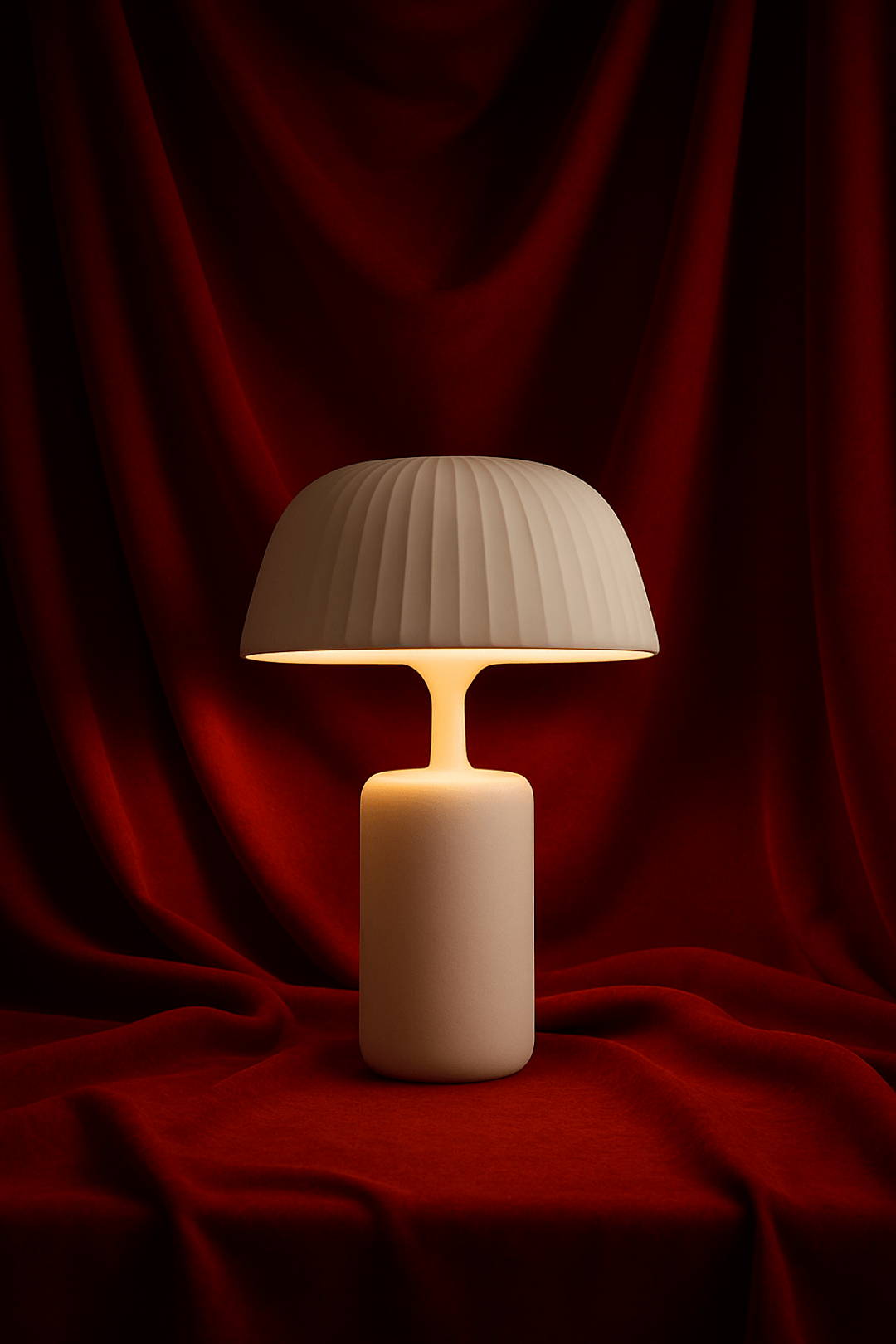 White table lamp in front of red velvet drapery