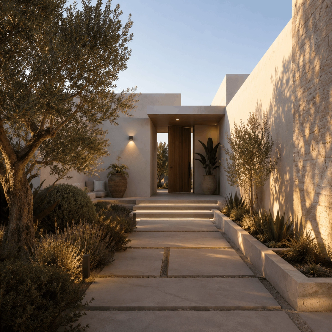 Whitewashed house entrance with olive trees and steps