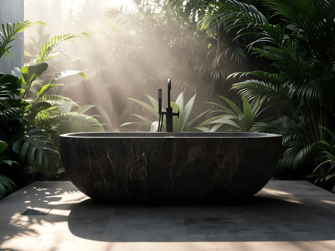 Dark stone bathtub surrounded by tropical plants