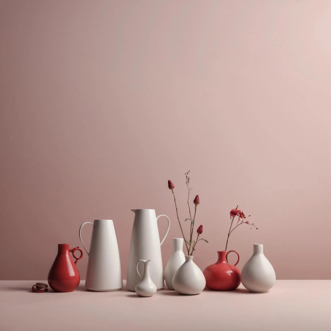 White and red vases against a pink wall