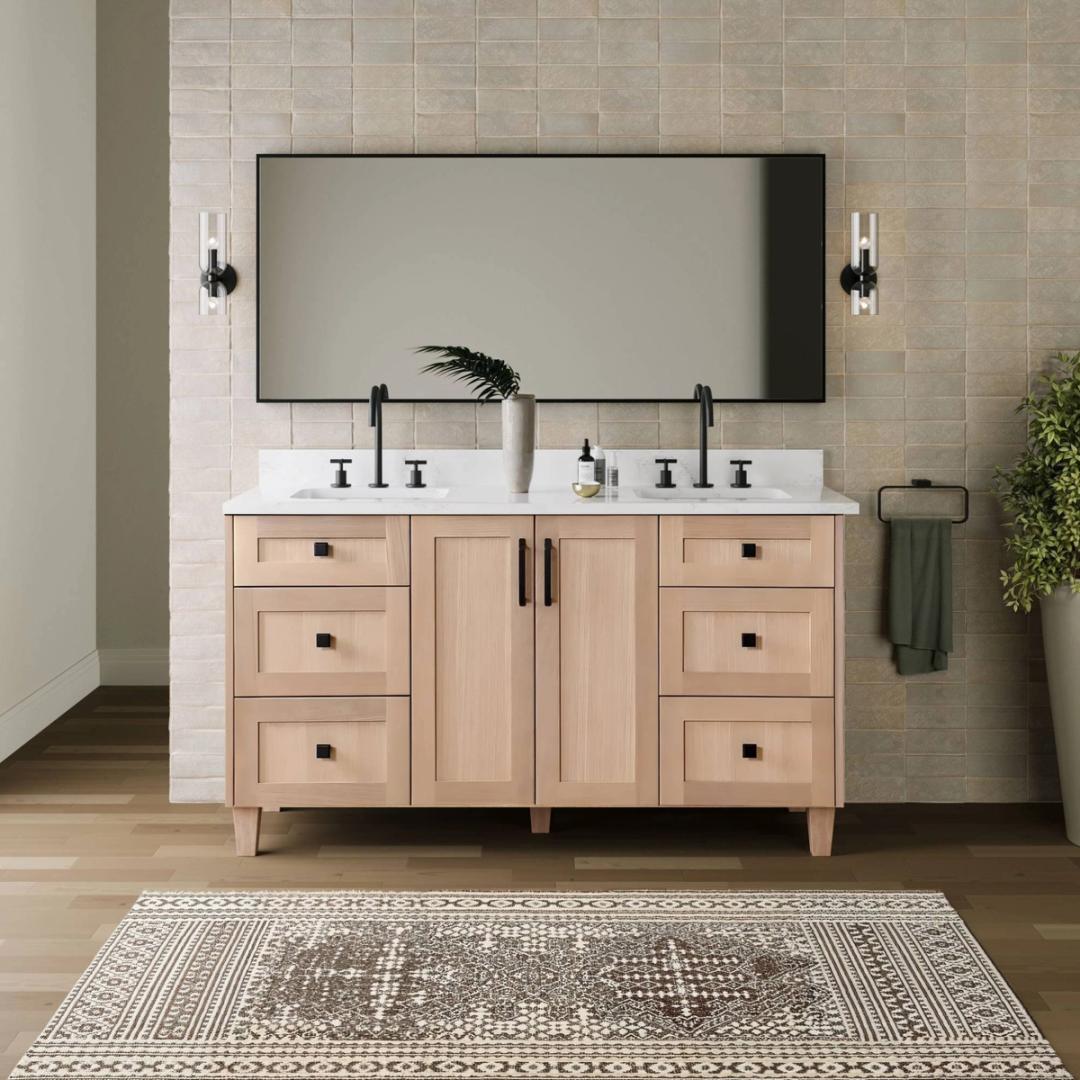 Light oak vanity against glazed tile