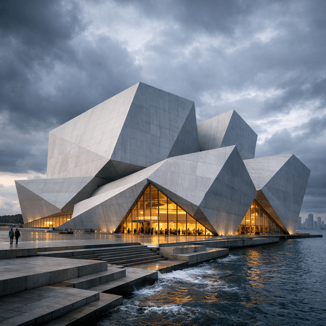 Faceted concert hall on the waterfront under a stormy sky