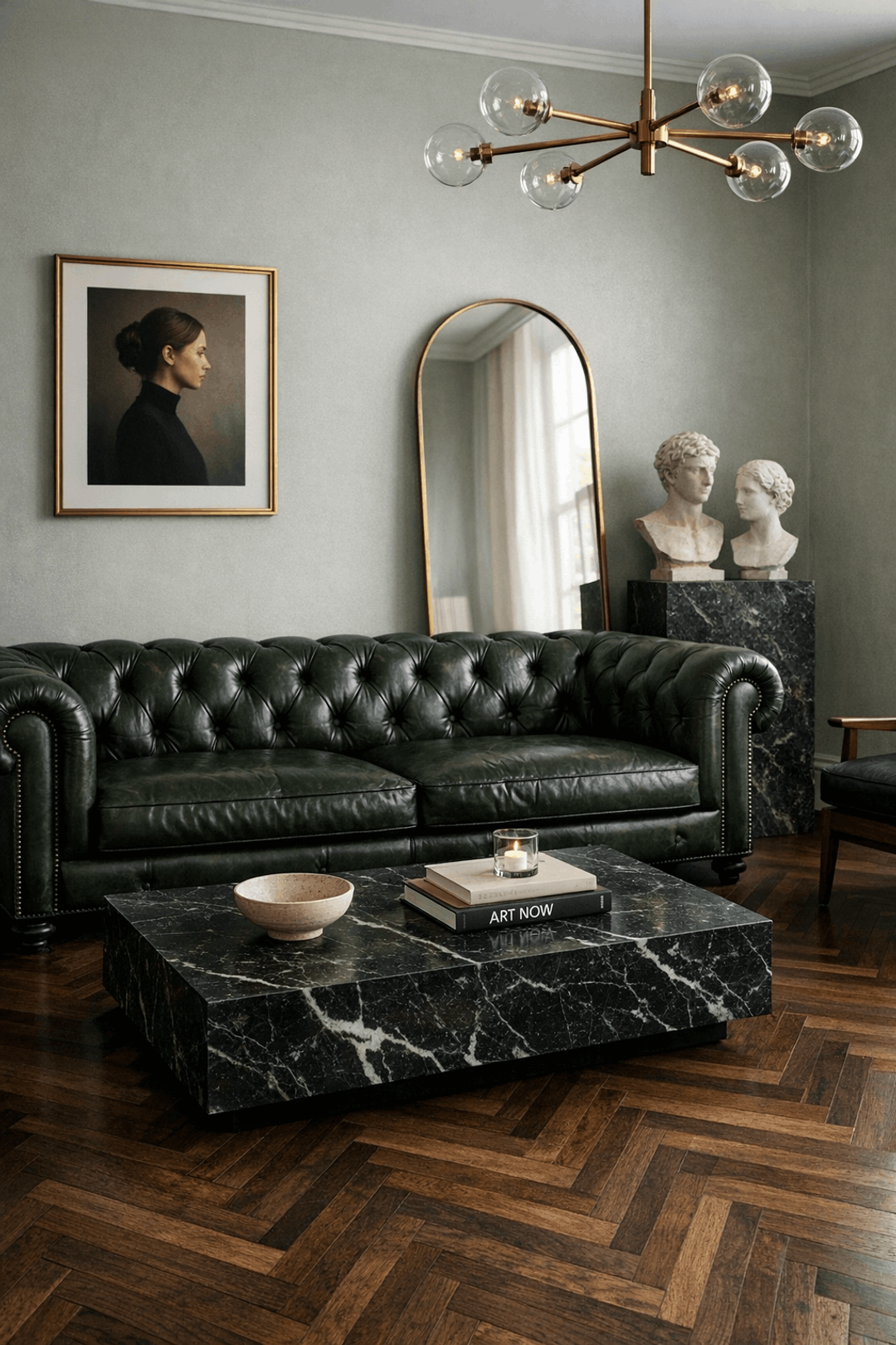 Living room with a green leather Chesterfield sofa and a marble table