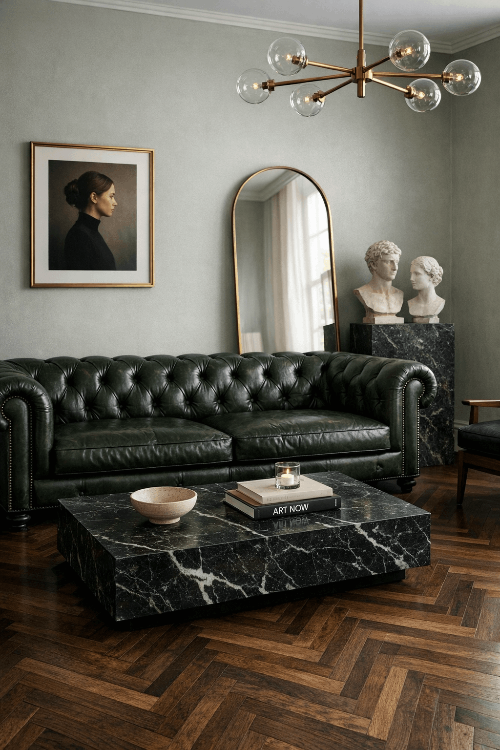 Living room with a green leather Chesterfield sofa and a marble table