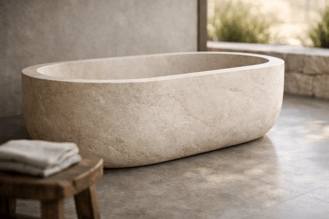 Freestanding stone bathtub by a window
