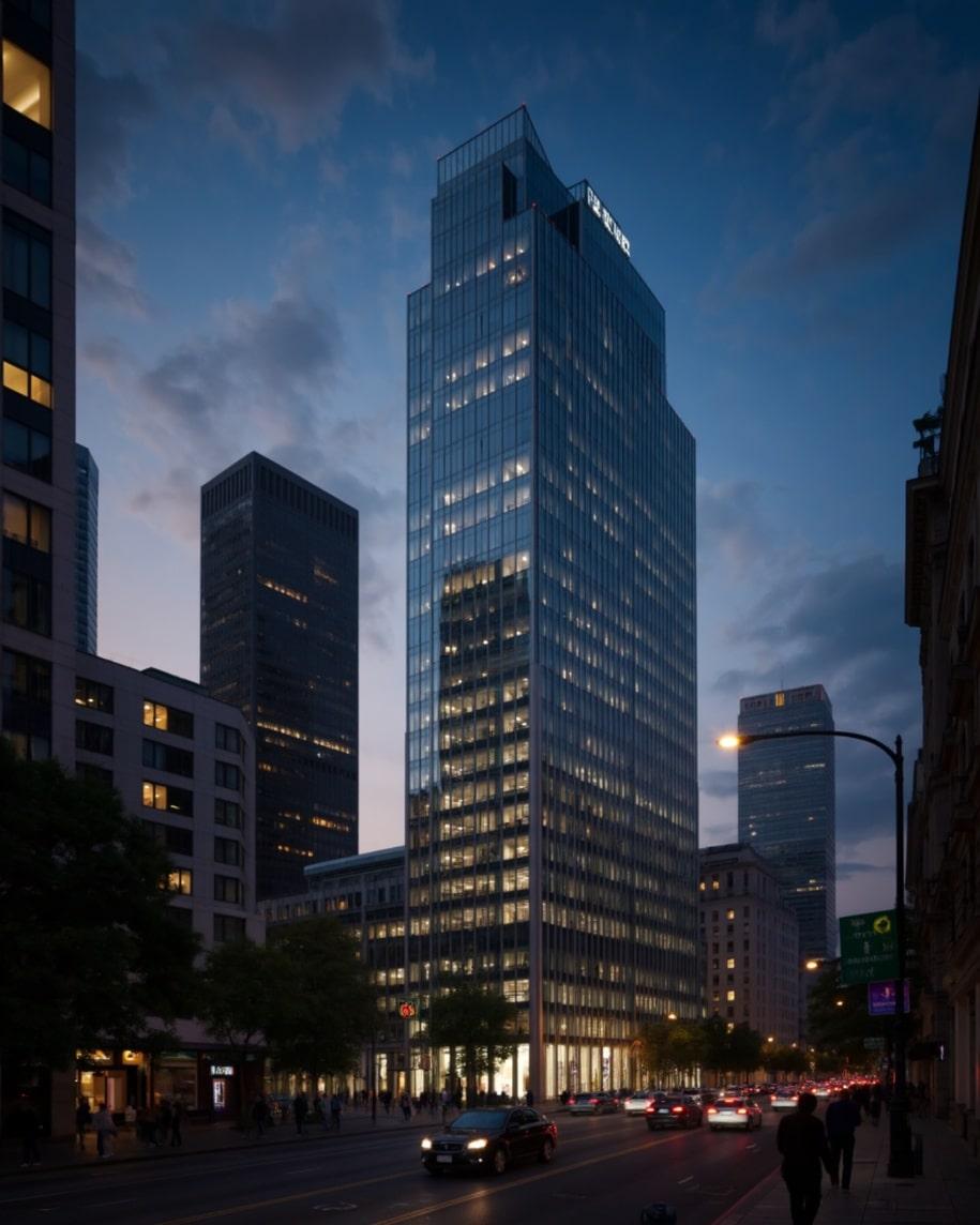 Night rendering of a glass office tower on a city street