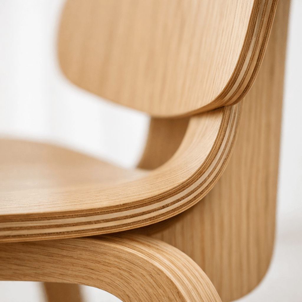 Close view of a bent oak plywood chair