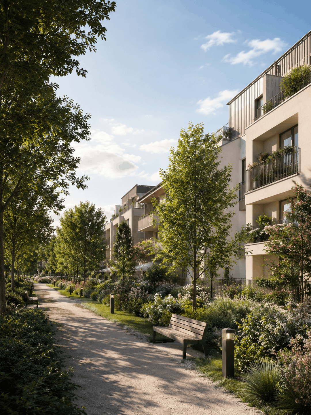 Garden path along a landscaped apartment building
