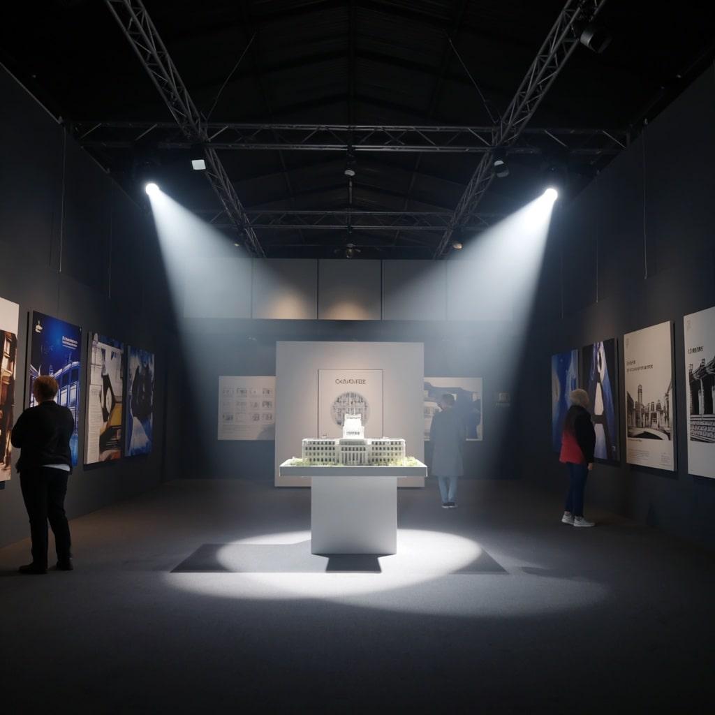 Architectural model under spotlights in an exhibition hall