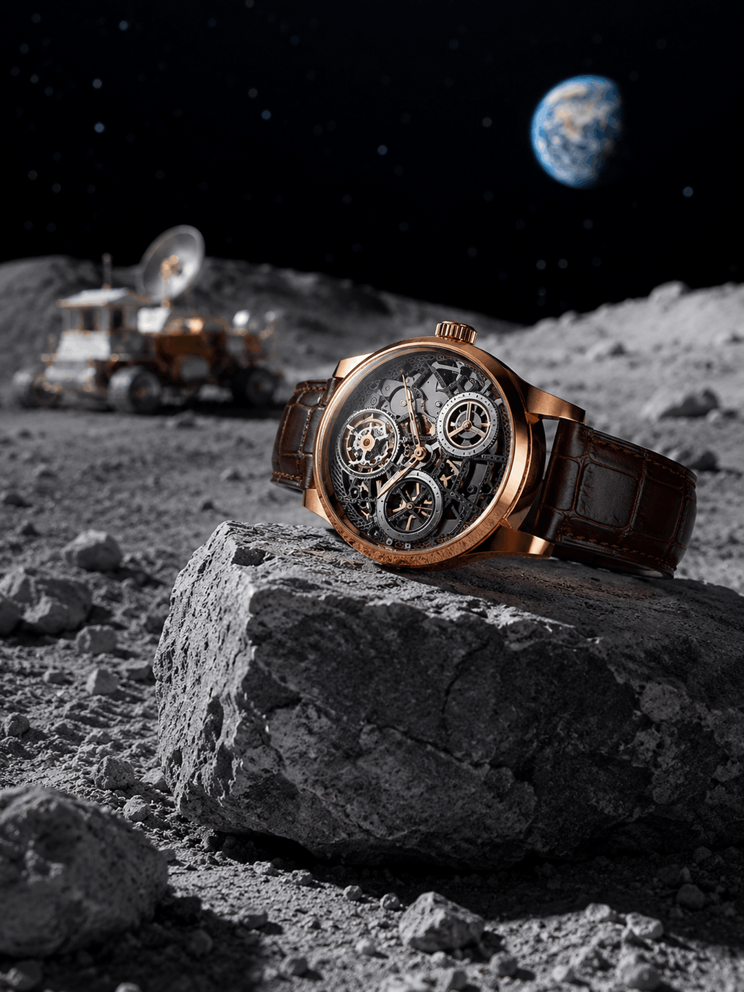 Skeleton watch on a lunar rock, with the Earth in the sky