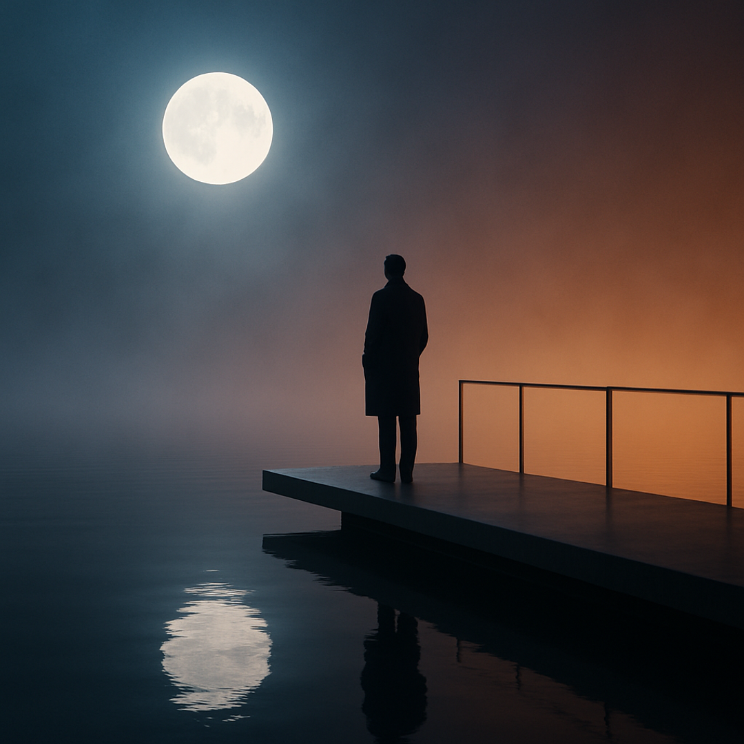 Silhouette on a pier under a full moon, between blue and orange light