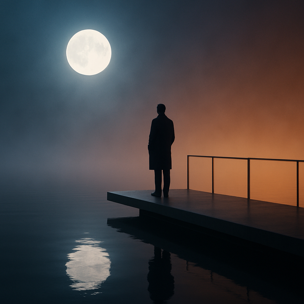 Silhouette on a pier under a full moon, between blue and orange light