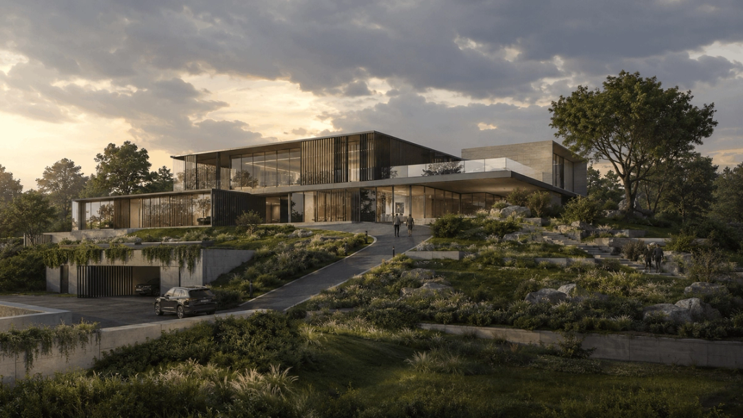 Contemporary hillside residence with landscaped terraces