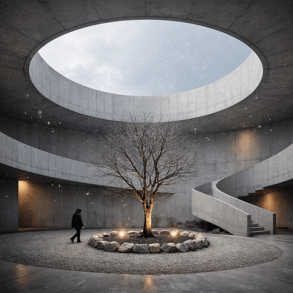 Concrete courtyard with a bare tree beneath a round skylight