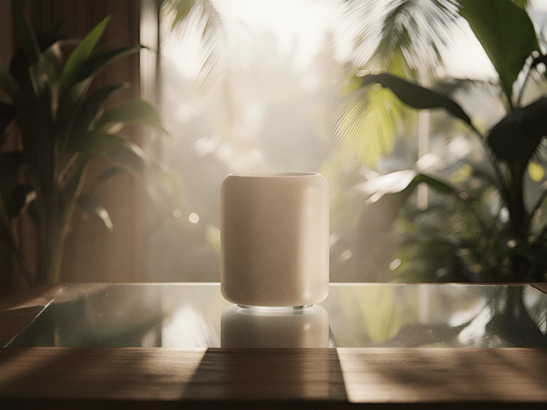 Cream cylinder speaker on a table among plants