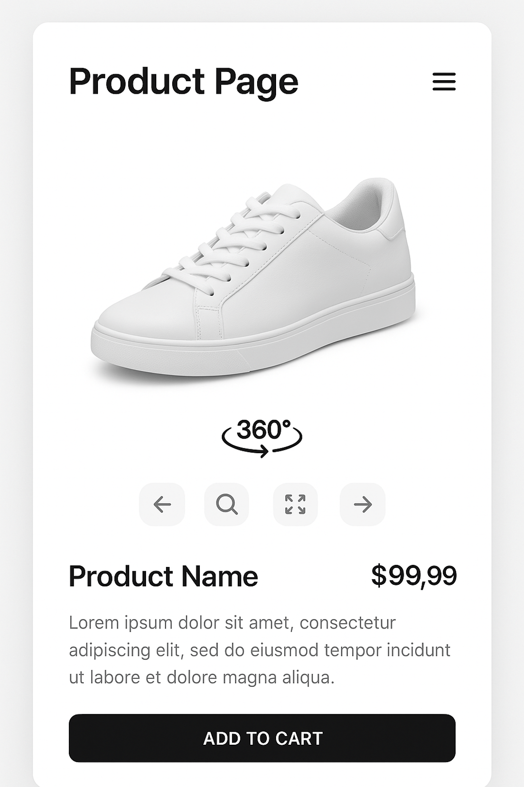 Mobile product page with a 360° viewer for a white sneaker
