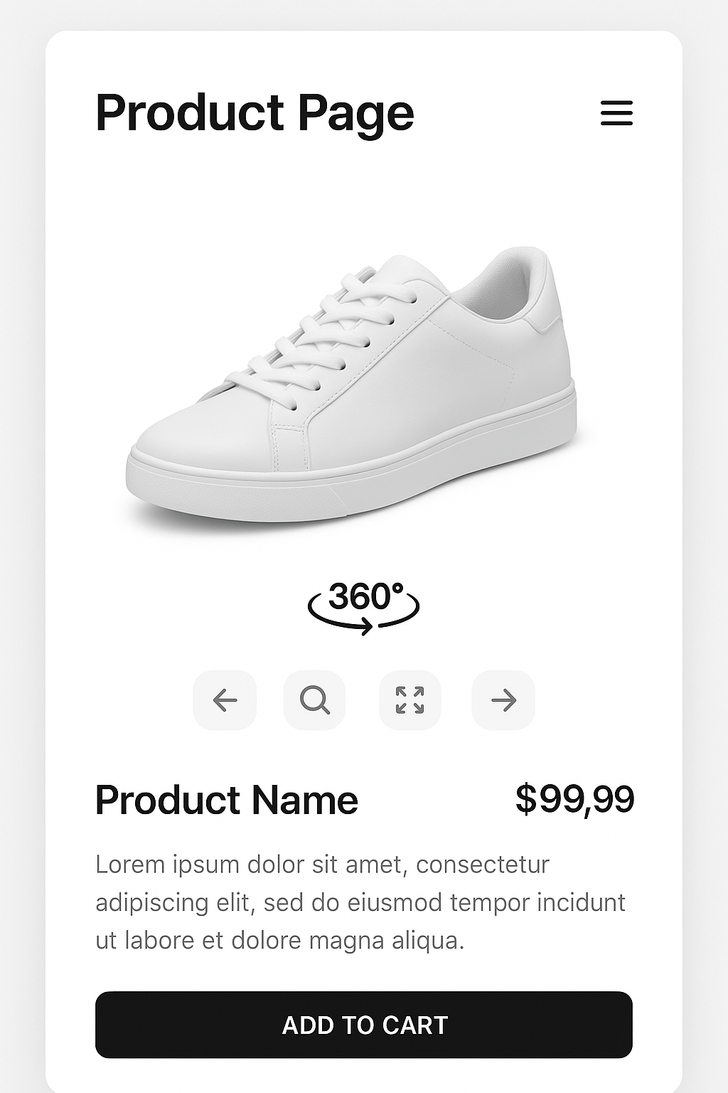 Mobile product page with a 360° viewer for a white sneaker