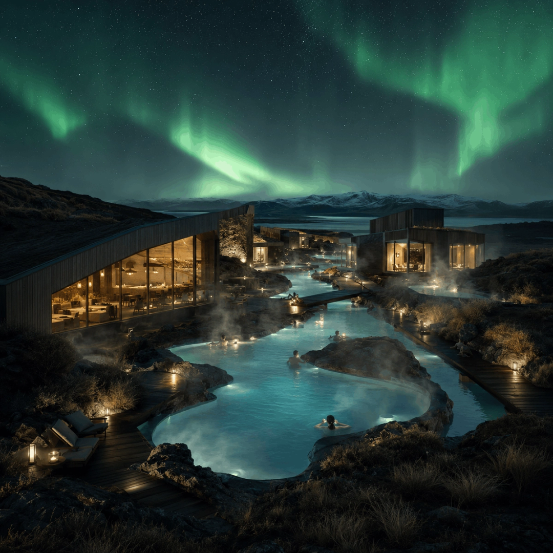 Spa with steaming pools under the northern lights