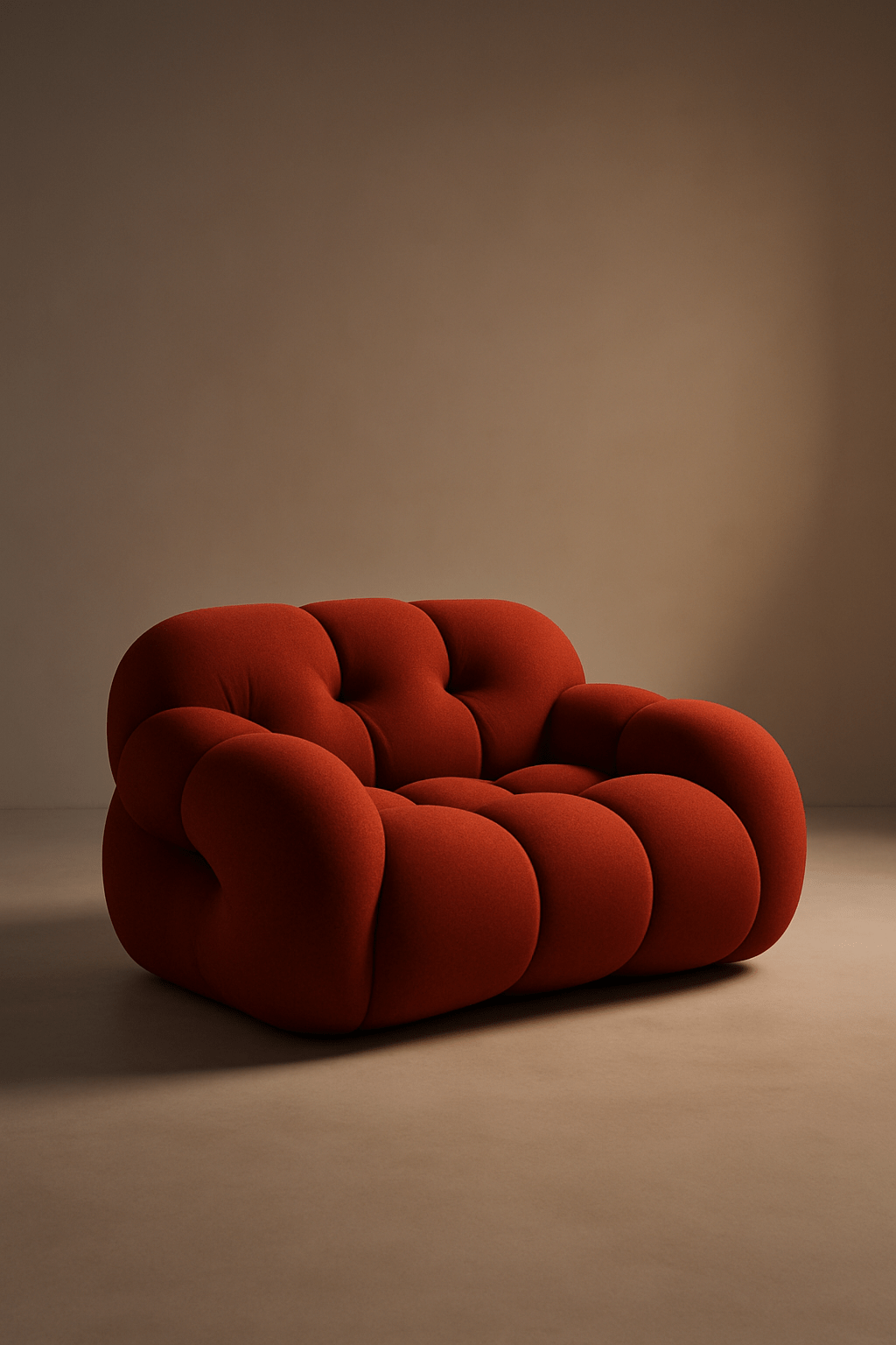 Rounded red armchair against a beige wall