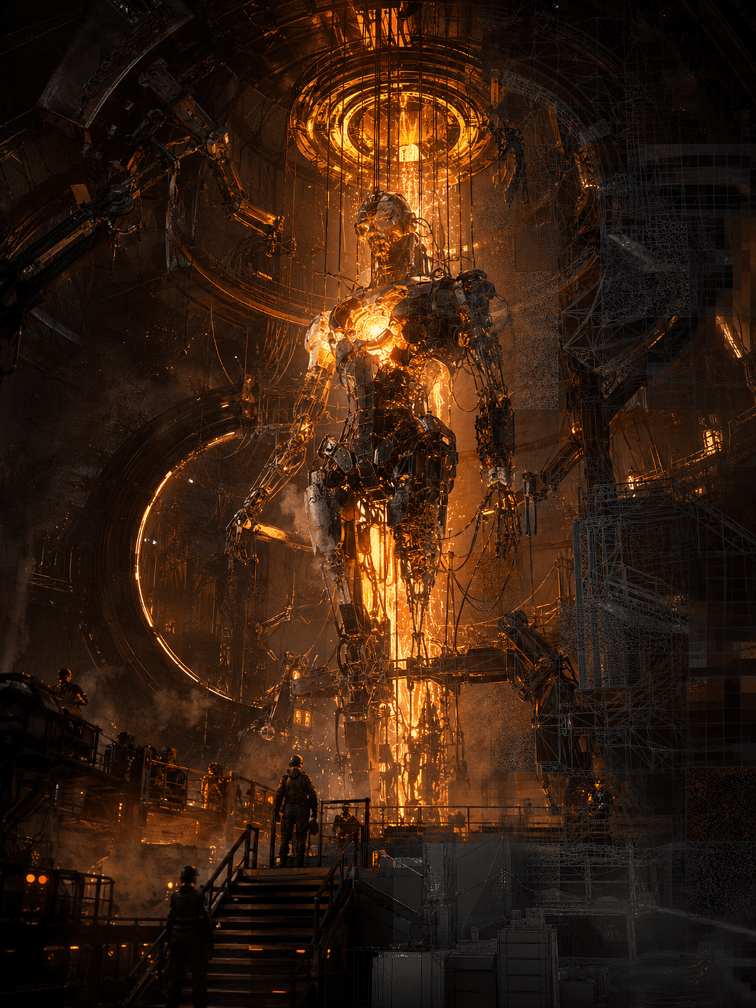 Robot figure in an orange lit industrial hall