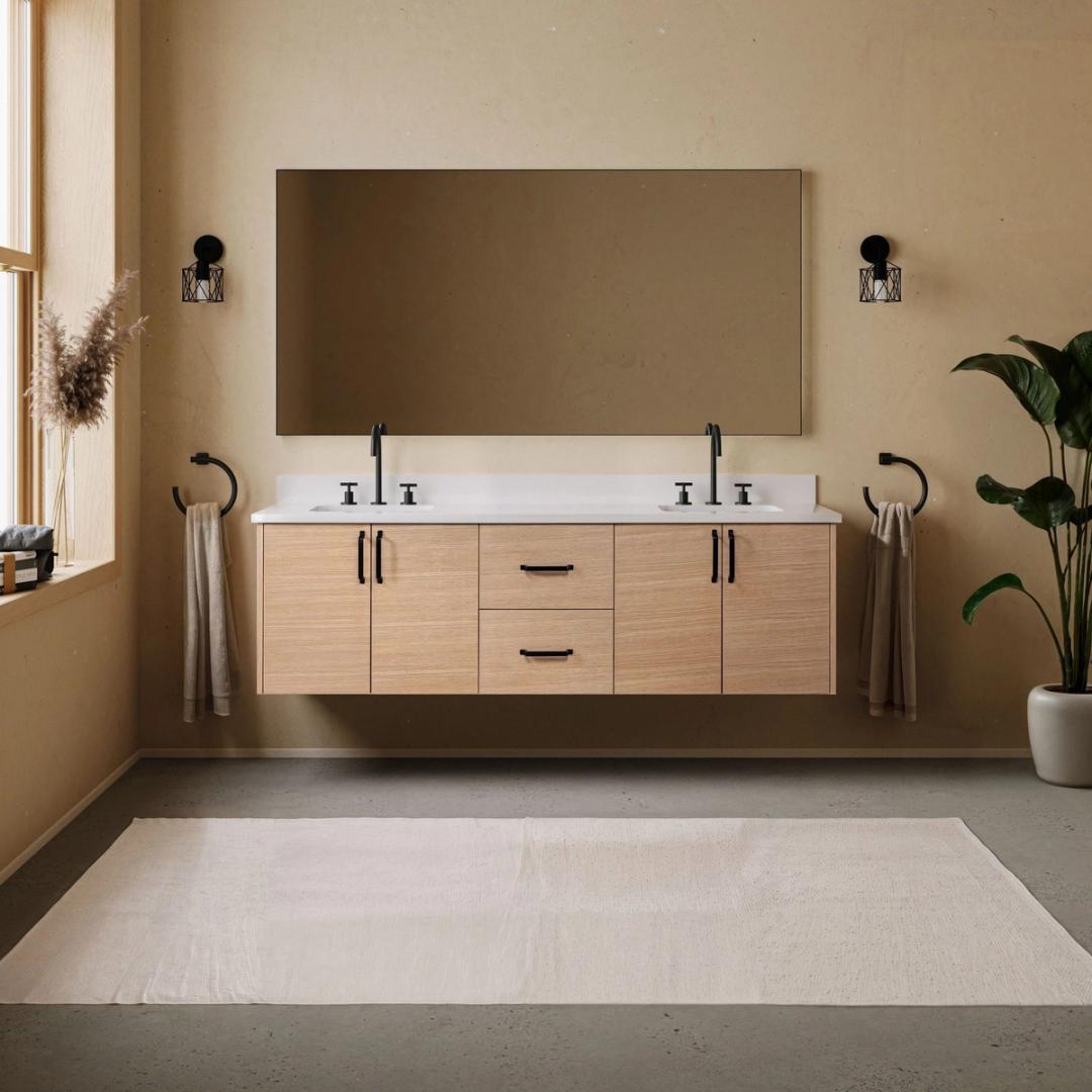 Wall-mounted oak vanity on a concrete floor
