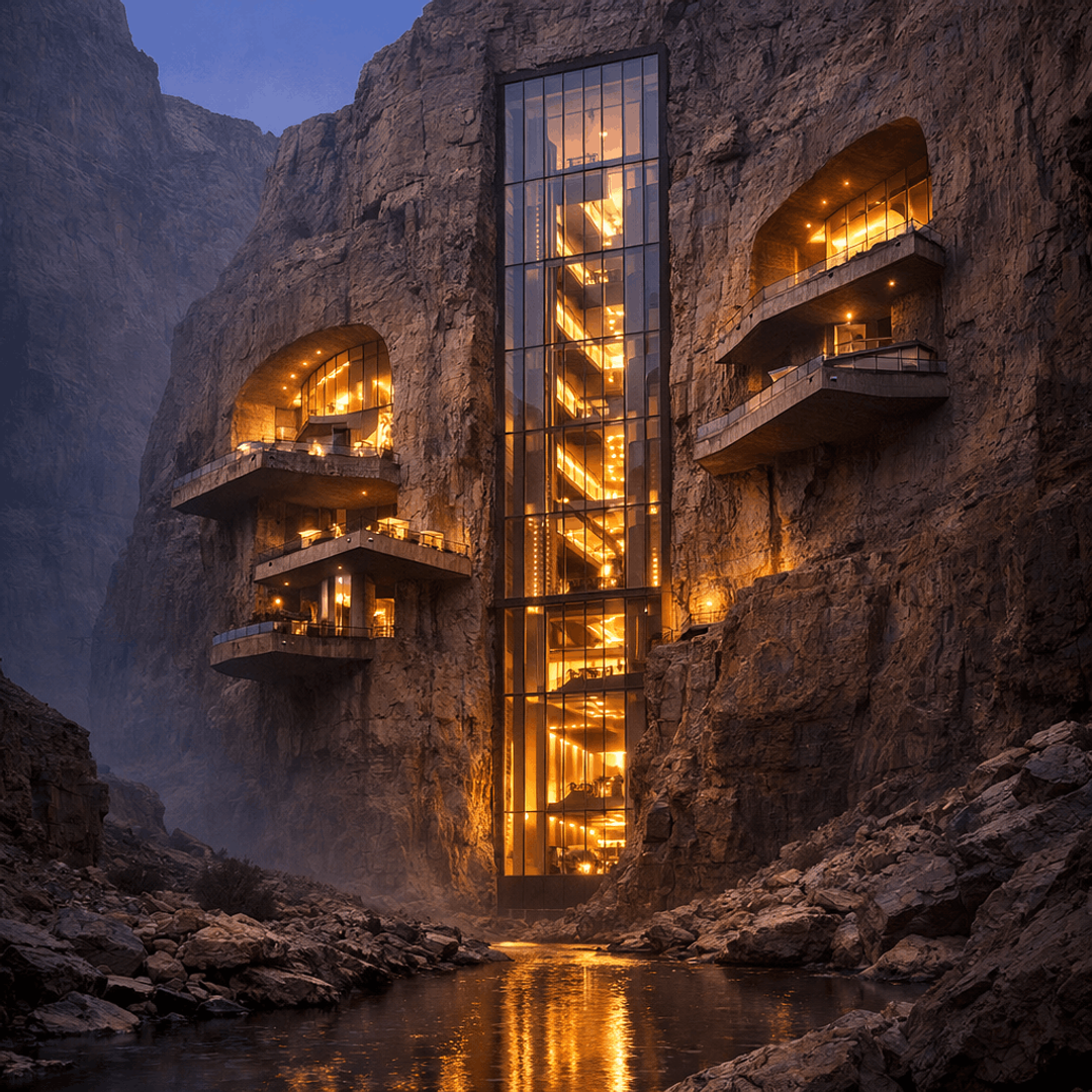 Glass lift and lit balconies set into a canyon wall