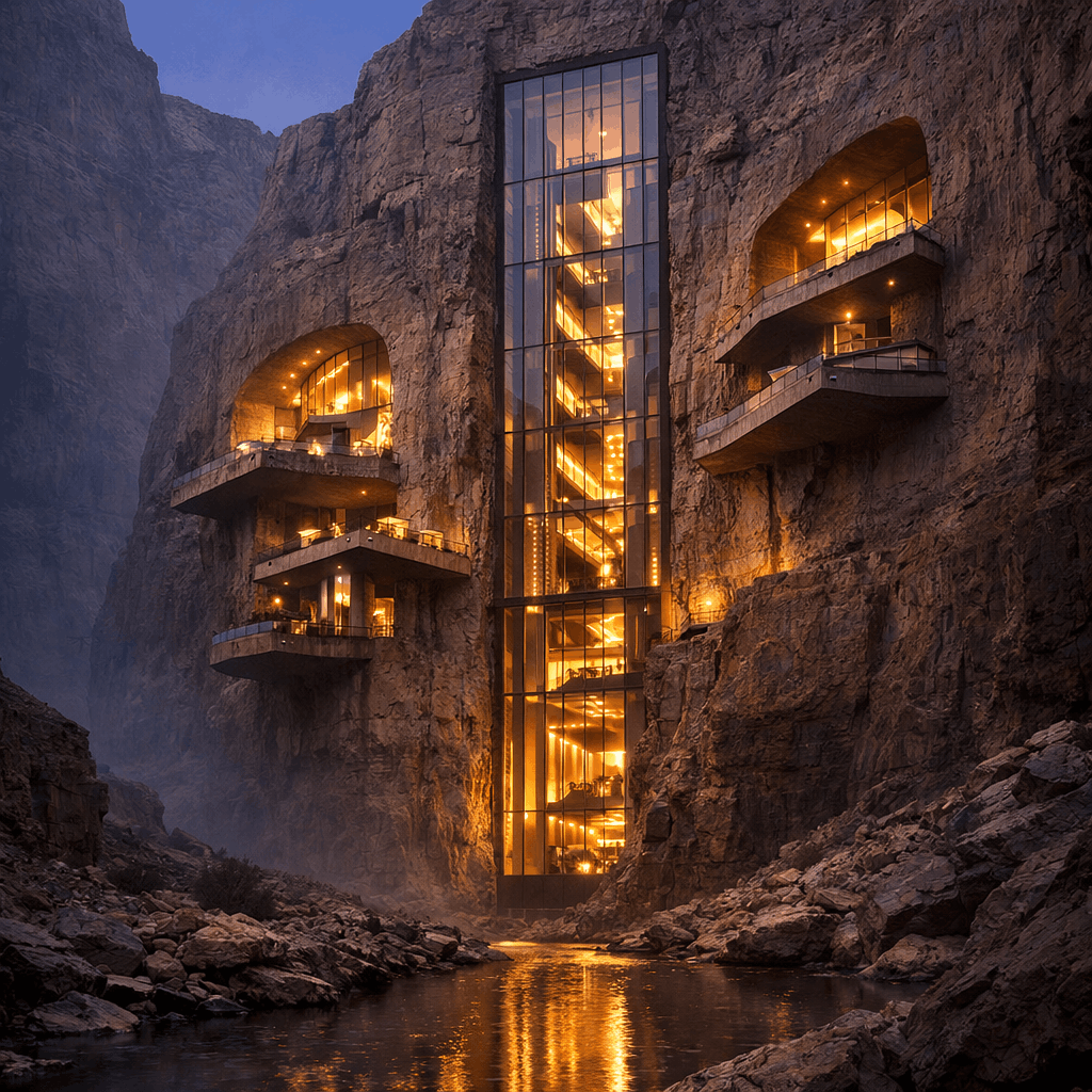 Glass lift and lit balconies set into a canyon wall