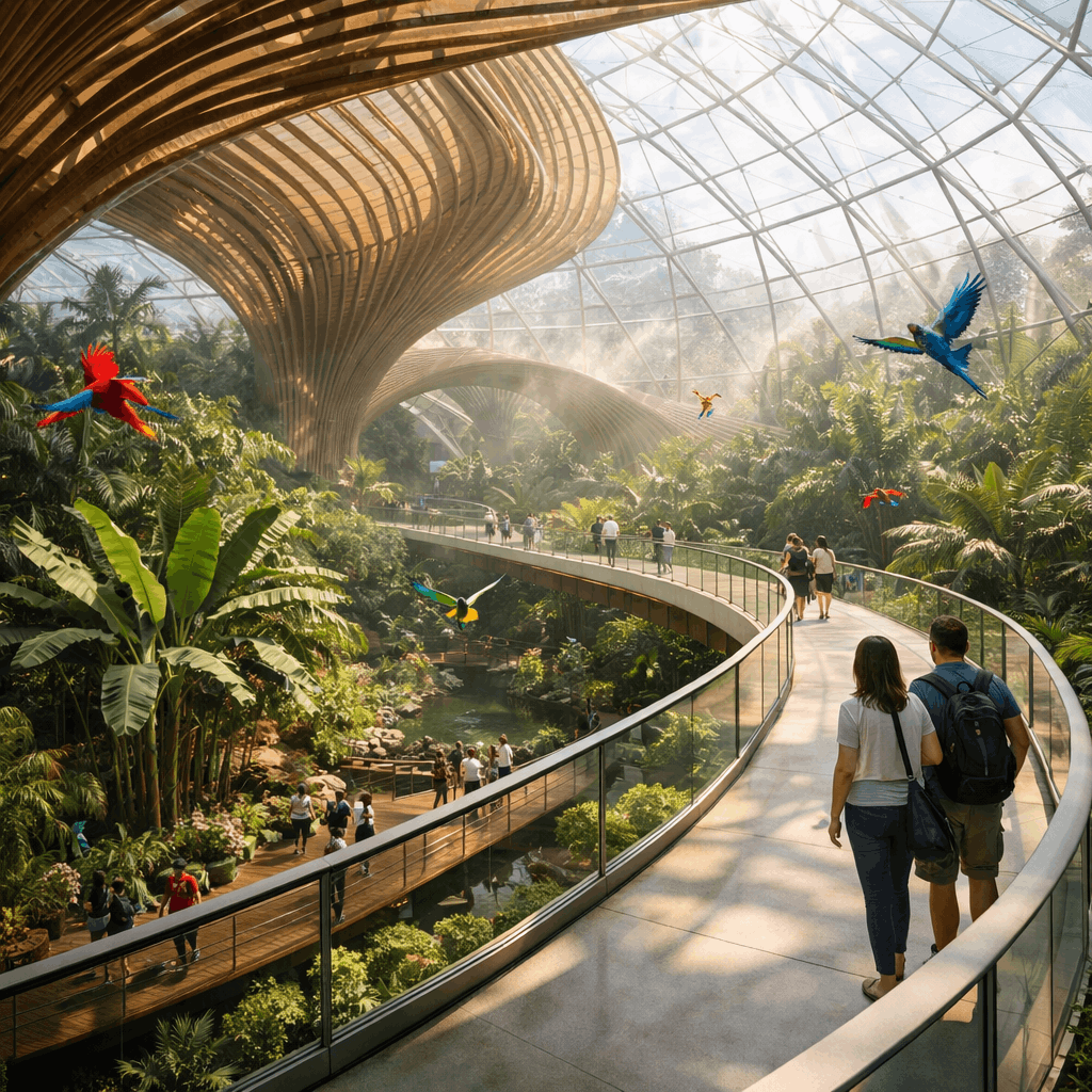 Walkway through a tropical greenhouse under a glass dome