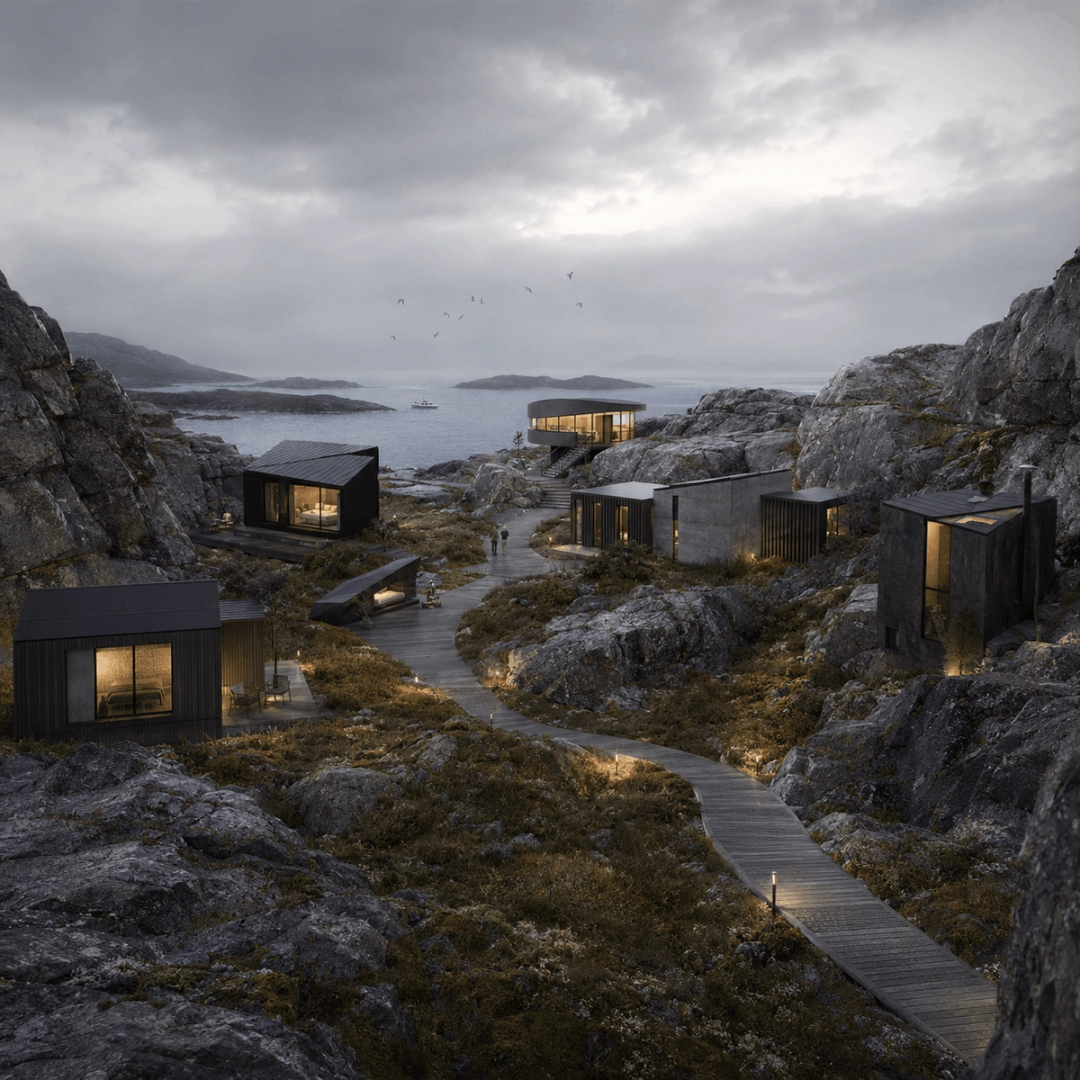 Black cabins linked by a boardwalk on a rocky coast