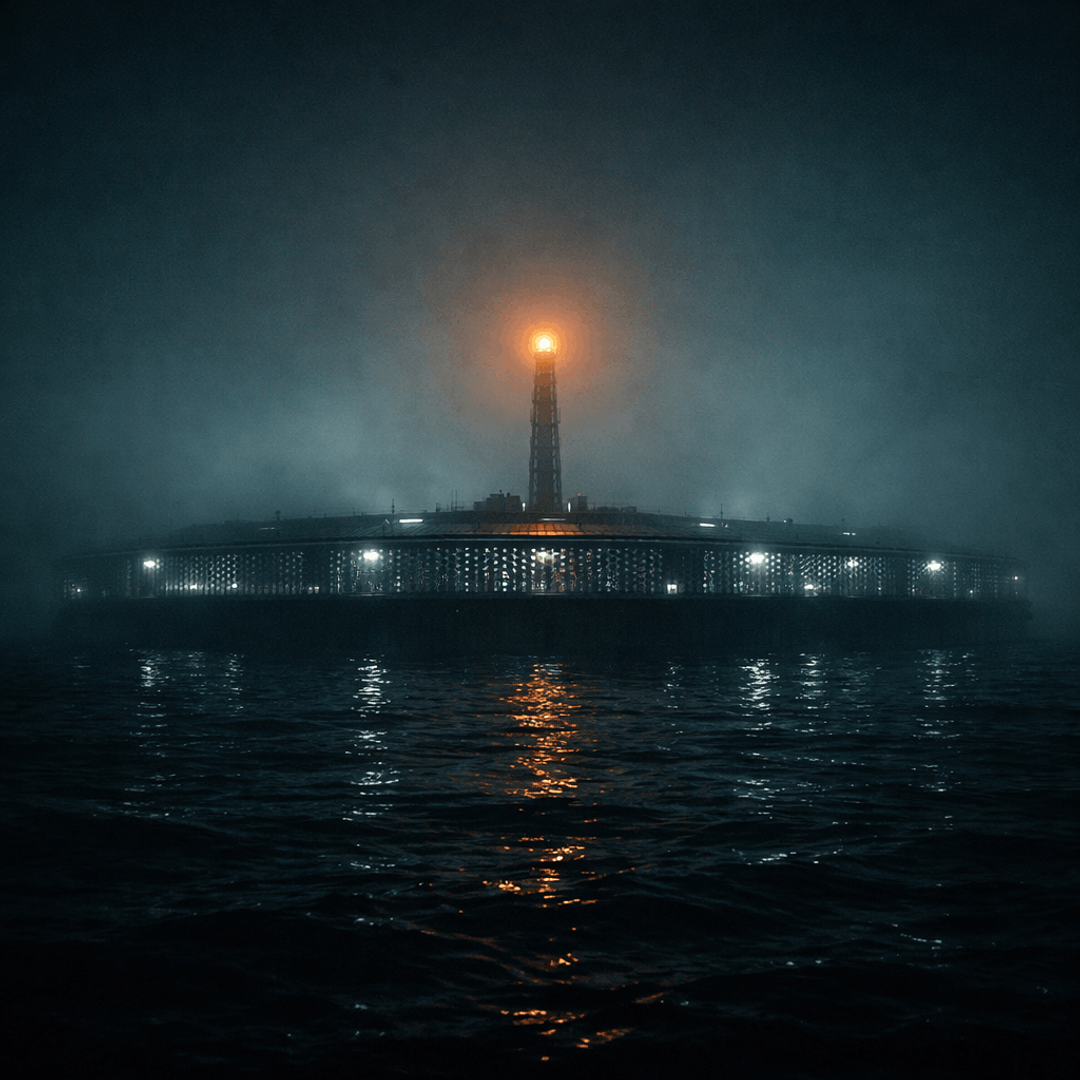Lighthouse rising from a ring shaped building on a dark sea