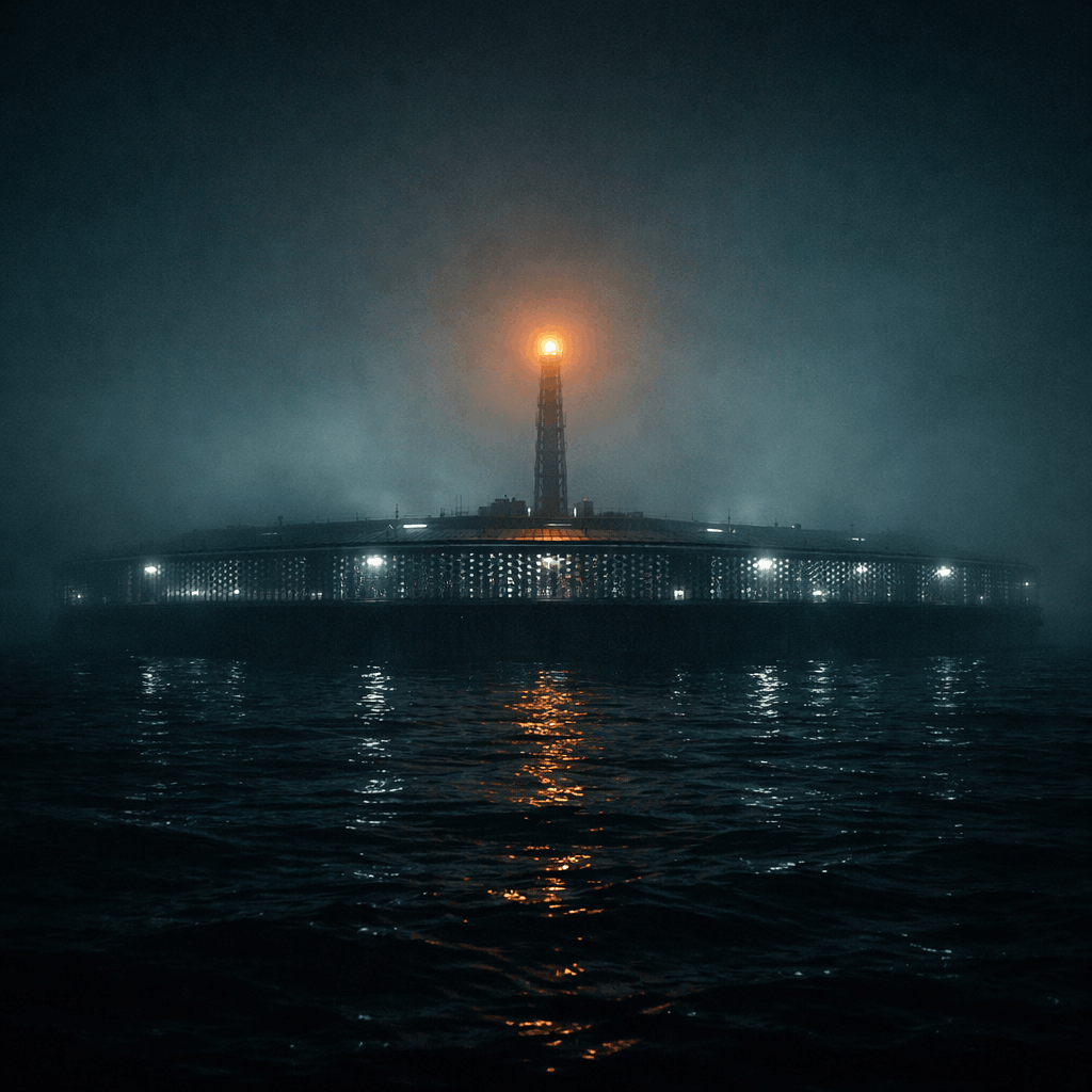 Lighthouse rising from a ring shaped building on a dark sea