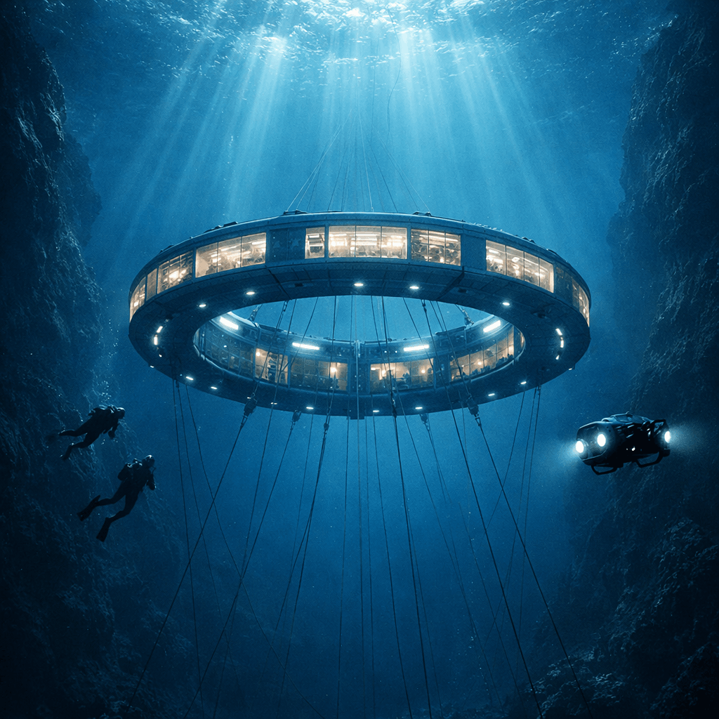 Ring shaped underwater habitat with divers