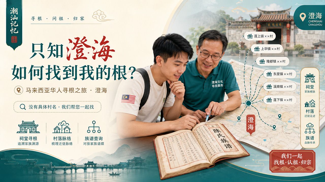 马来西亚华人只知道祖籍在潮州澄海,不知道具体村子,怎么找当地人帮忙寻根查族谱?