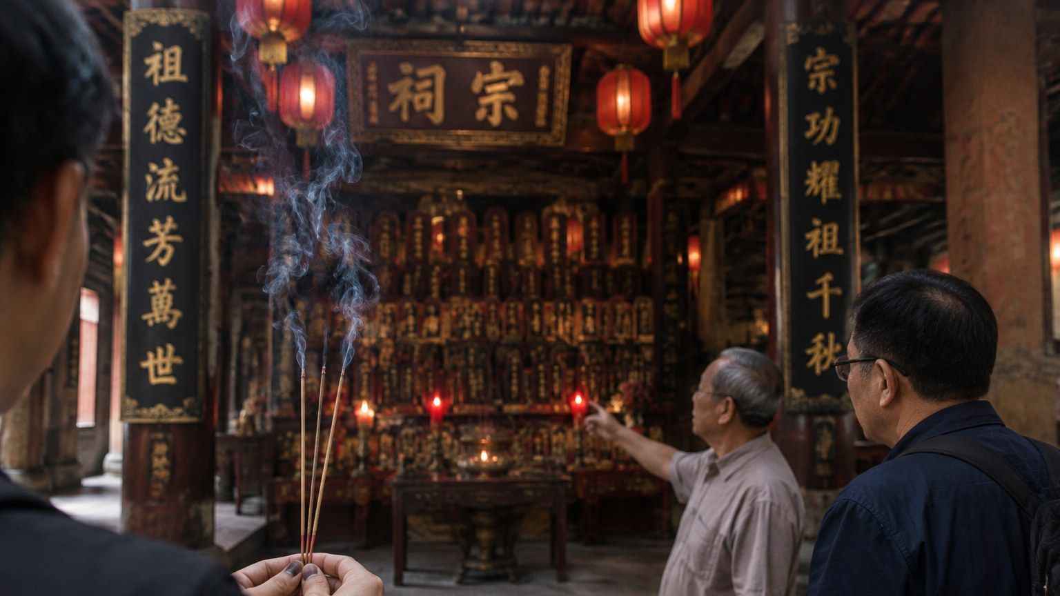 宗祠内上香拜祖的场景,长辈陪同海外后代